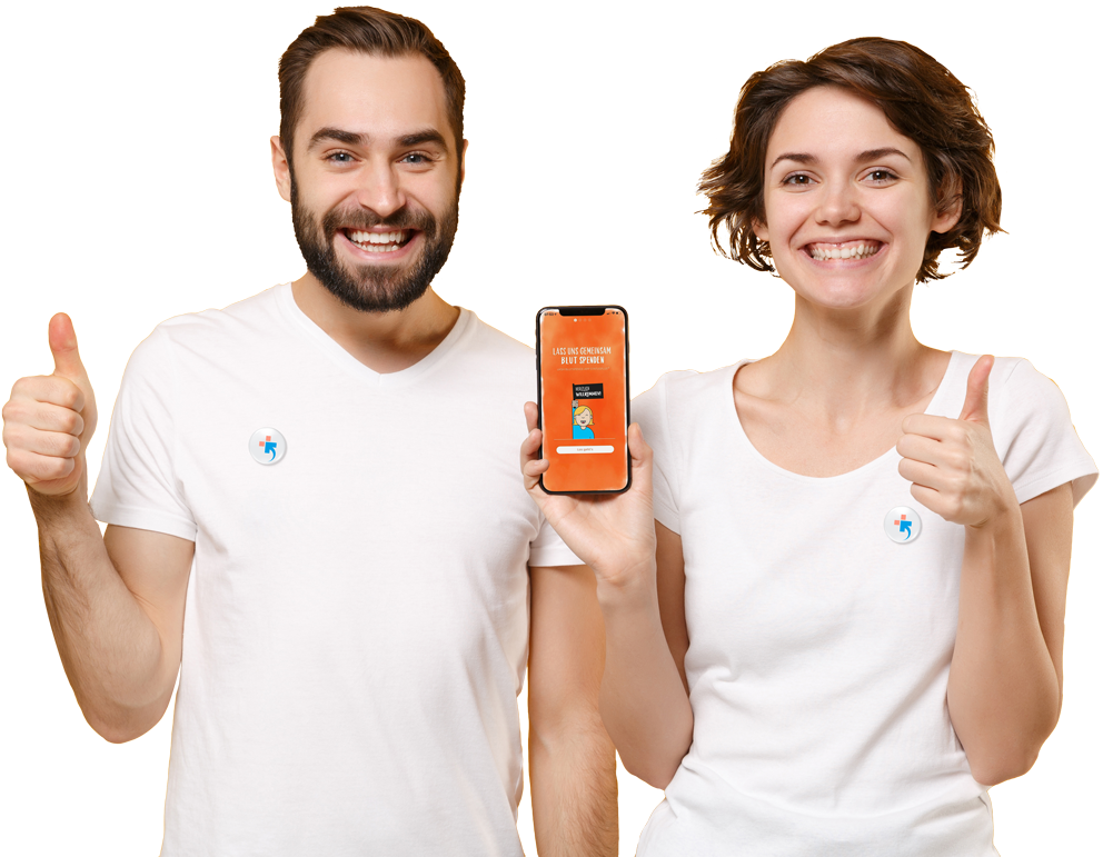 Ein Bild einer jungen Blutspenderin und eines jungen Blutspenders, welche ein Smartphone mit der NEXUS Spende App hochhalten.